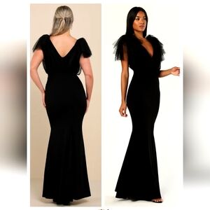LULUS Fabulous Fun Black Tulle Flutter Sleeve Mermaid Maxi Dress NWT LG